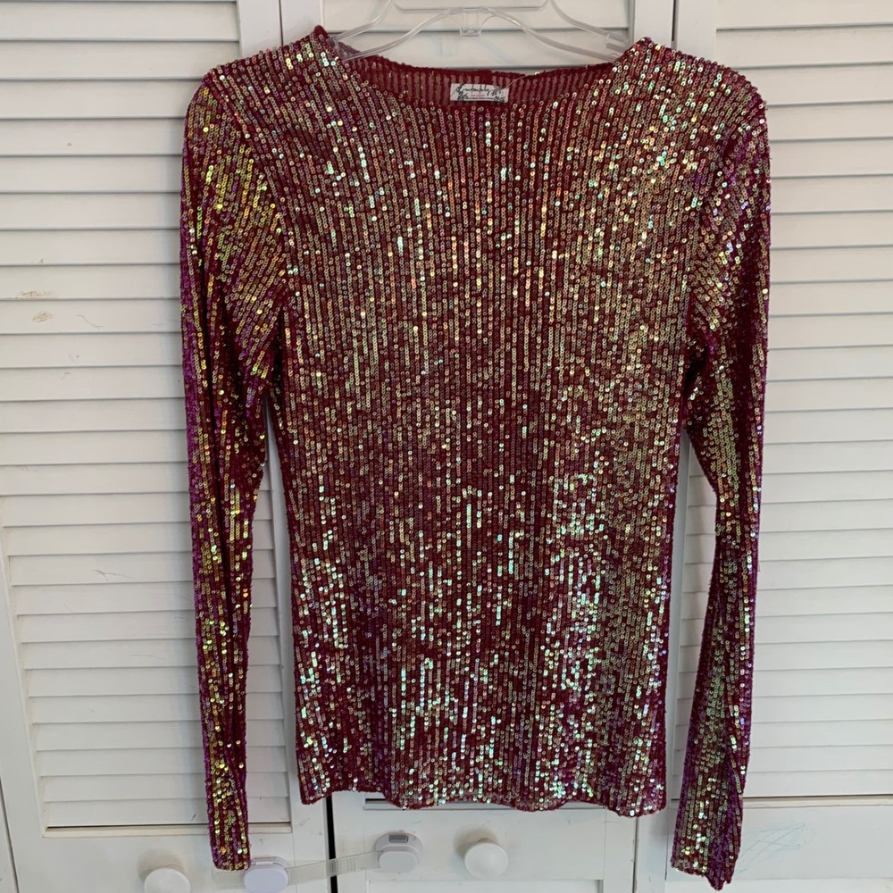 Free People Intimately Gold Rush Sequin Long Sleeve Top Wine OB1429329 Womens S